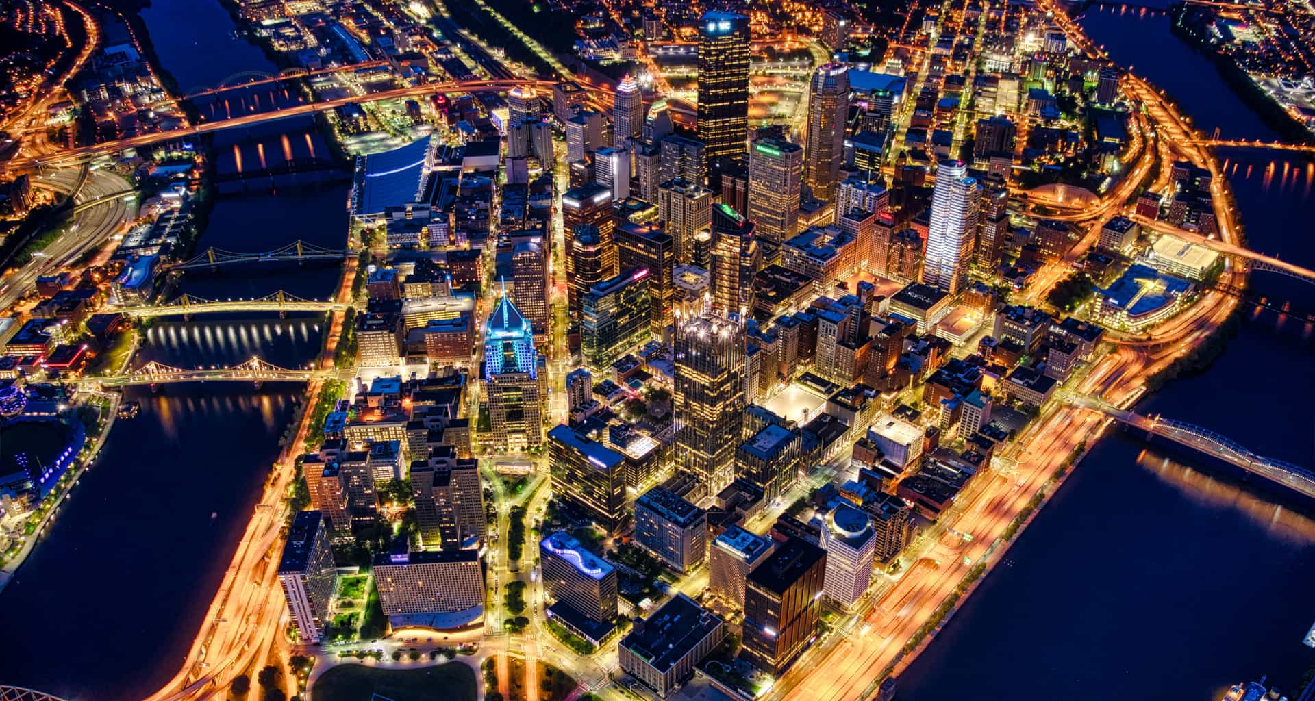 Aerial shot of Pittsburgh, PA at night.